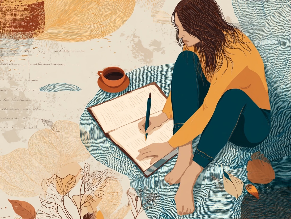 An illustration of practical exercises to foster abundance, featuring a person writing in a gratitude journal.