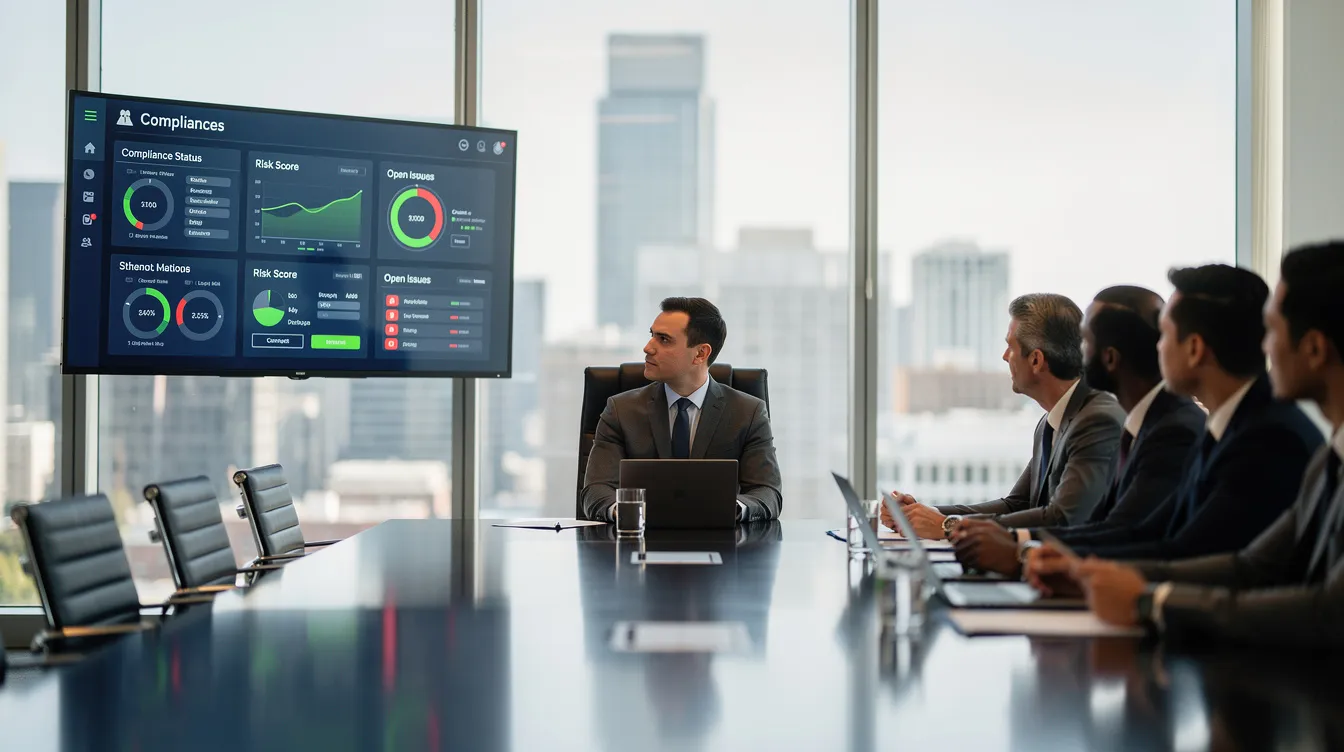 An executive is seated at a sleek conference table in a modern boardroom, intently reviewing a compliance dashboard that highlights the organization's overall security posture, including security controls and potential security gaps. The dashboard serves as a vital tool in preparing for a cybersecurity audit, ensuring adherence to regulatory compliance and effective risk management practices.