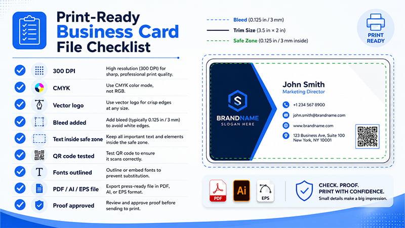 print ready business card file checklist with 300 DPI CMYK vector logo bleed safe zone QR code and proof approval