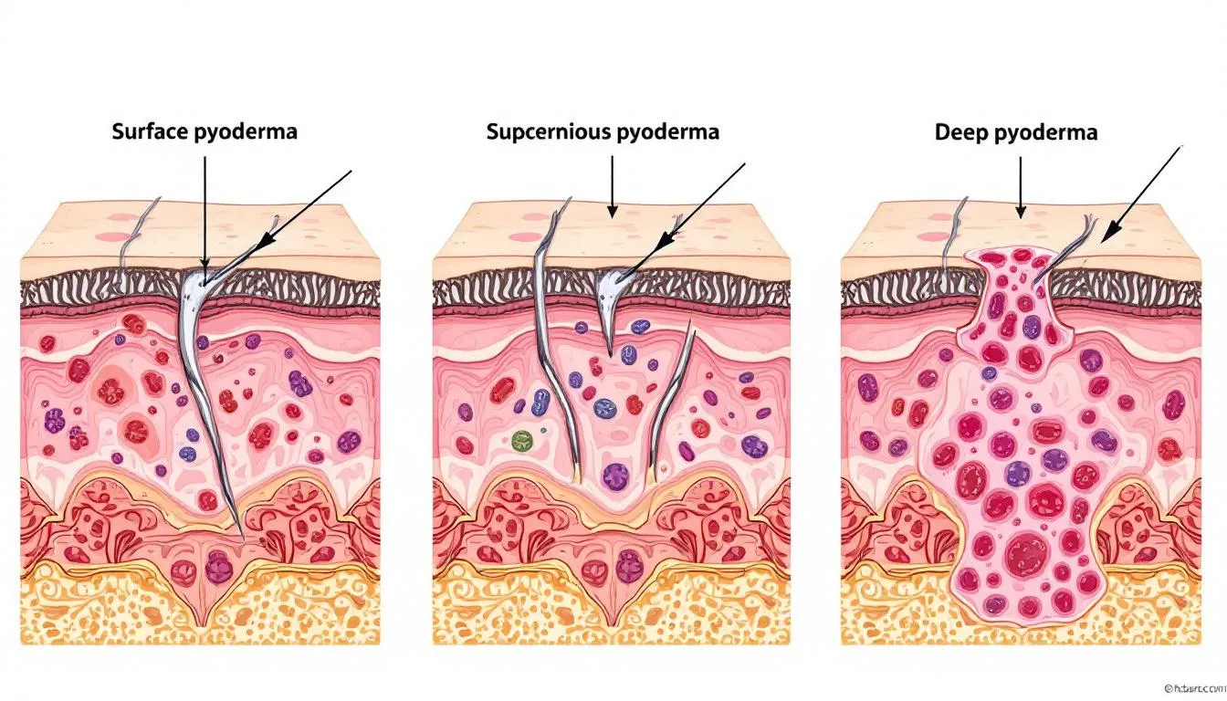 A detailed diagram illustrates a cross-section of dog skin, highlighting various layers impacted by surface, superficial, and deep pyoderma, which are types of bacterial skin infections in dogs. The image emphasizes the affected skin areas and the potential clinical signs associated with canine pyoderma, such as inflammation and lesions.