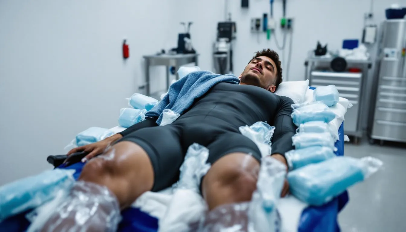 An athlete is sitting in a cold bath filled with ice water, engaging in cold therapy to aid muscle recovery after intense exercise. This cold water immersion helps reduce inflammation and soreness, promoting better blood flow and enhancing overall athletic performance.
