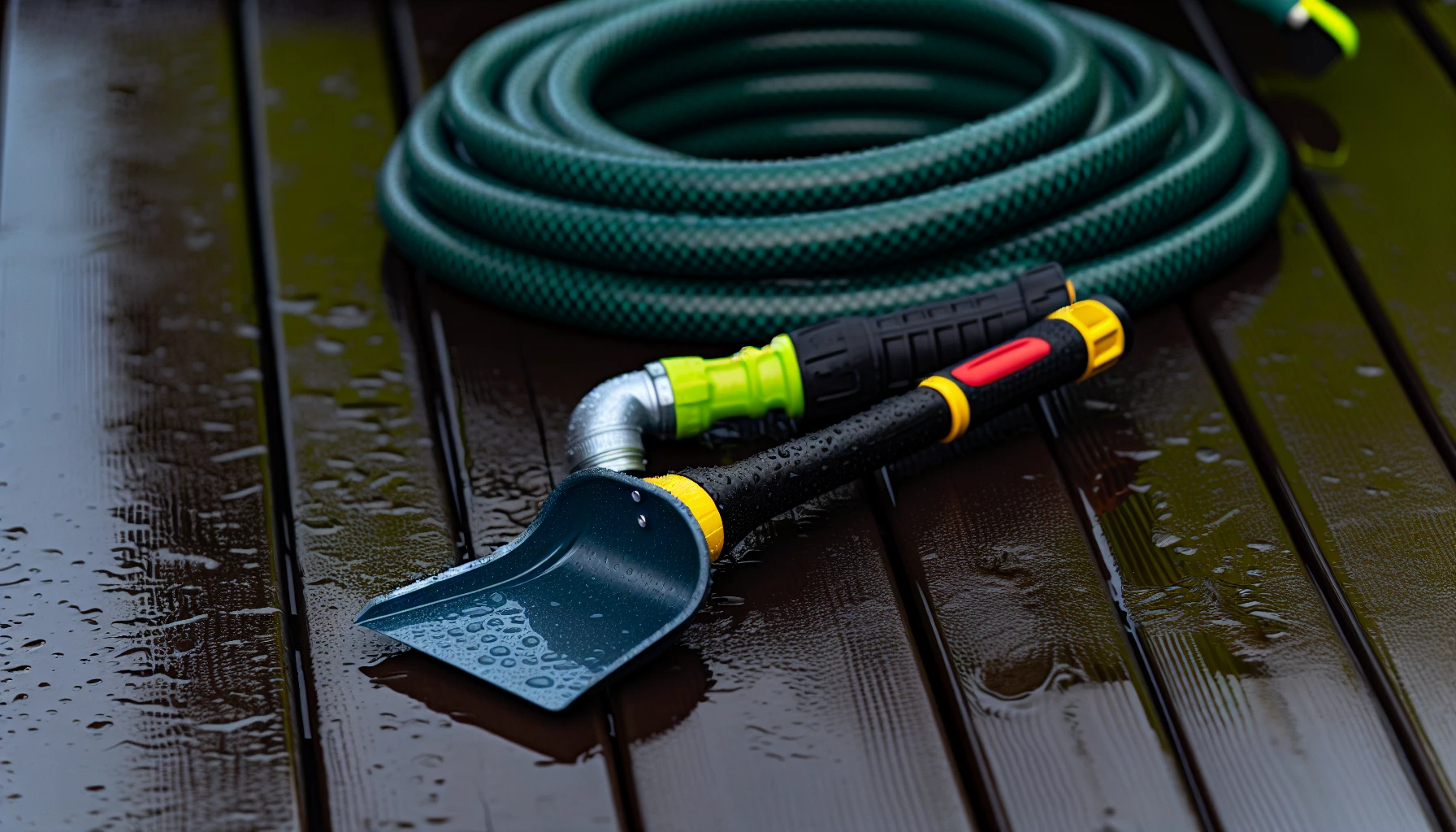 Gutter scoop and garden hose for efficient rain gutter cleaning