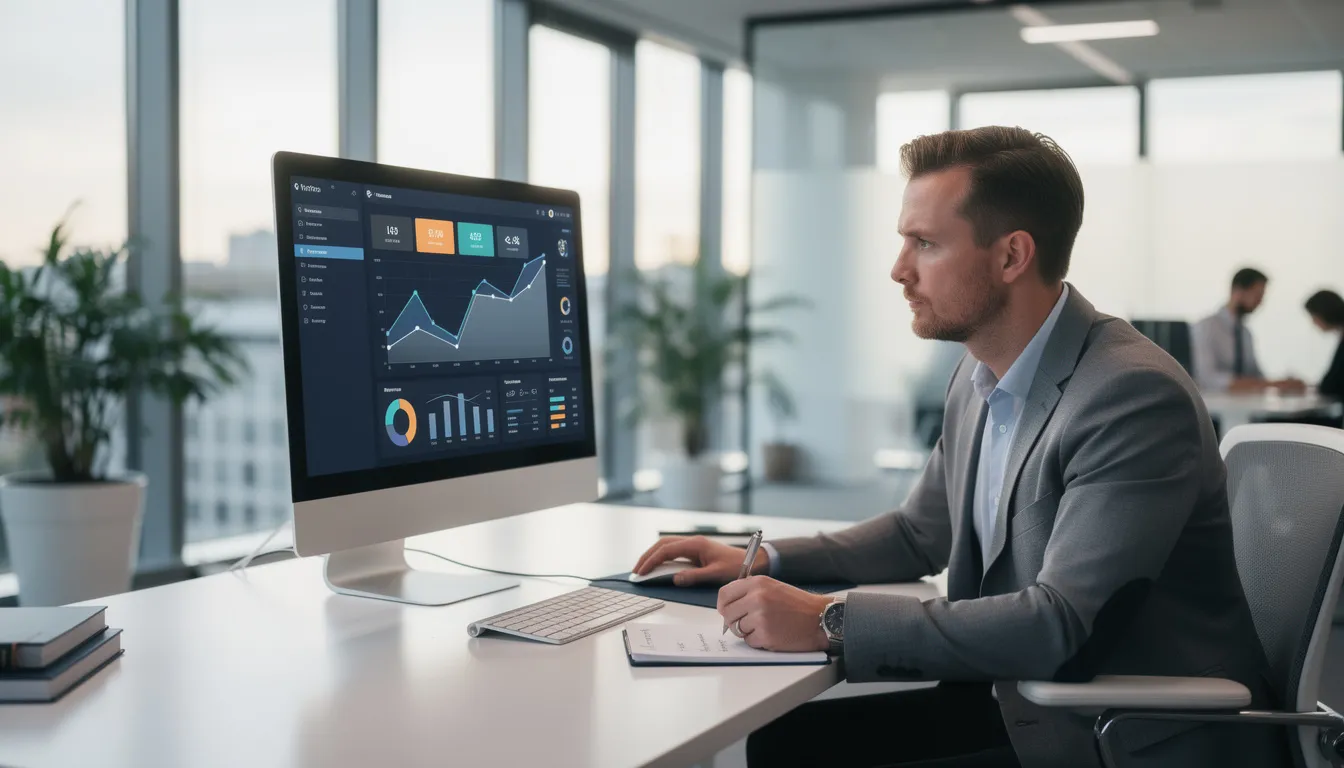 A UK business owner is focused on reviewing relevant data displayed on a computer screen in a modern office environment, analyzing search intent and keyword research to enhance their programmatic SEO strategy. The workspace features sleek furniture and a bright atmosphere, reflecting a professional setting conducive to data analysis and content creation.