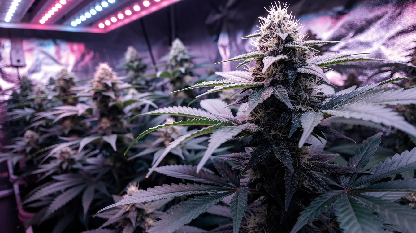 The image depicts an indoor cannabis grow room filled with bushy green plants thriving under purple-tinted grow lights, showcasing vibrant buds adorned with white trichomes and orange pistils, indicative of the potent effects of the Cadillac Rainbow strain. This lush environment highlights the care and attention given by growers, creating a serene space ideal for medical marijuana patients seeking relaxation and pain relief.