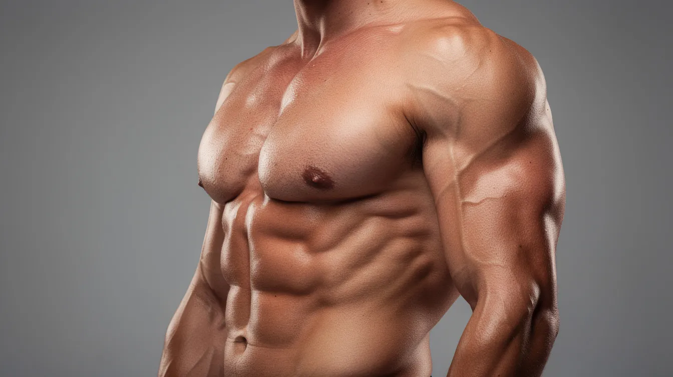 The image depicts a fit male torso viewed from the side, showcasing a well-defined pectoral region and masculine chest contour. This visual highlights the distinction between glandular breast tissue and excess chest fat, often discussed in the context of gynecomastia vs chest fat.