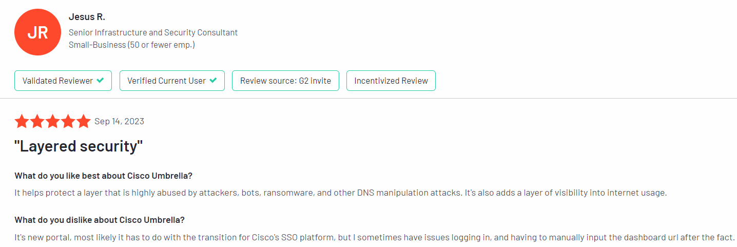 This image presents a user review on Cisco Umbrella, an alternative to Zscaler internet access.