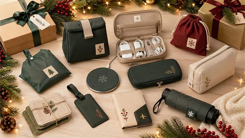 Office Christmas gift bag set with pouch, daily-use support item and subtle holiday detail for team gifting