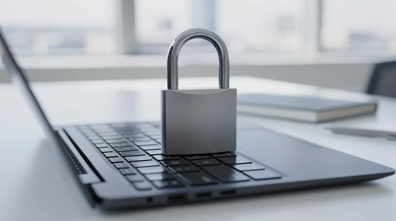 The image shows a padlock resting on a laptop keyboard in a bright office setting, symbolizing security and protection for online transactions such as money transfers. This visual emphasizes the importance of secure payment methods when sending money to Cameroon or managing international money transfers.