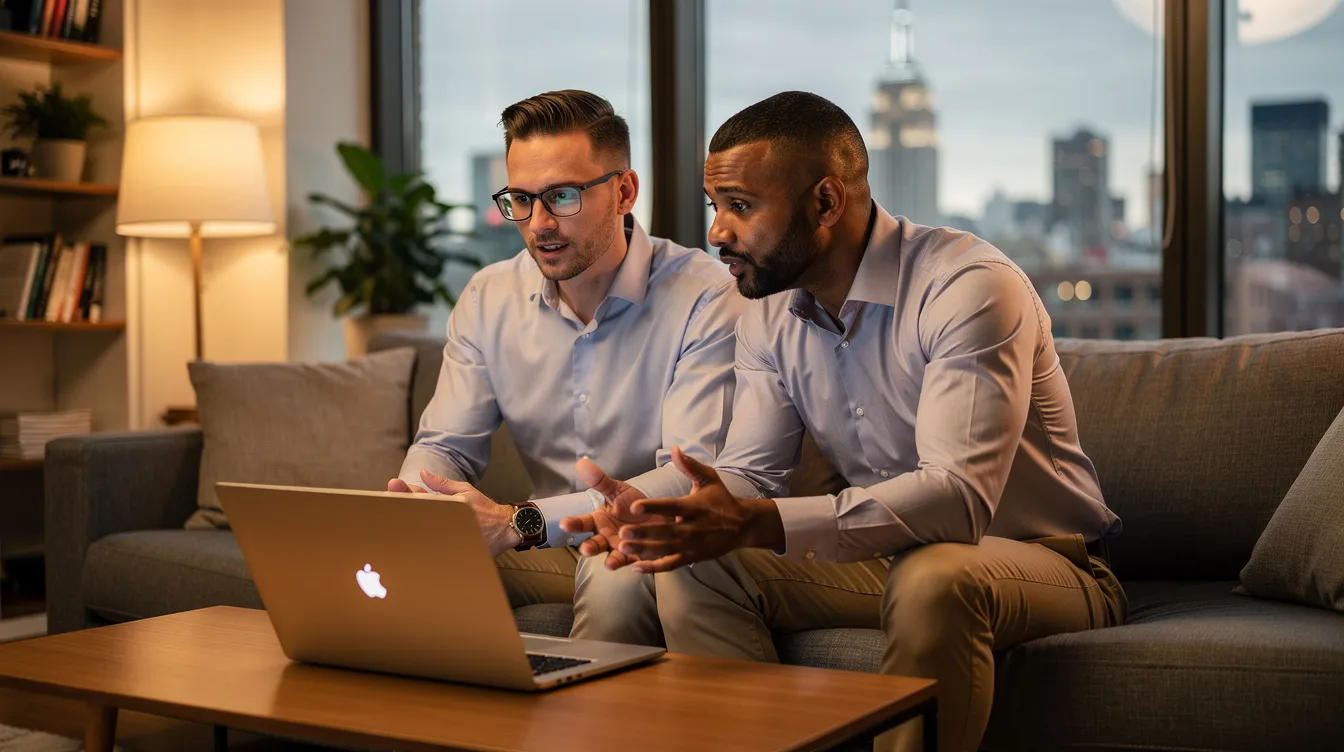 In a warm, modern Manhattan apartment, two professional gay men sit closely together on a couch, engaged in a thoughtful conversation during an online therapy session on a laptop. The New York skyline, featuring the Empire State Building, is visible through a large window, capturing an authentic moment of connection and emotional intimacy in their relationship.