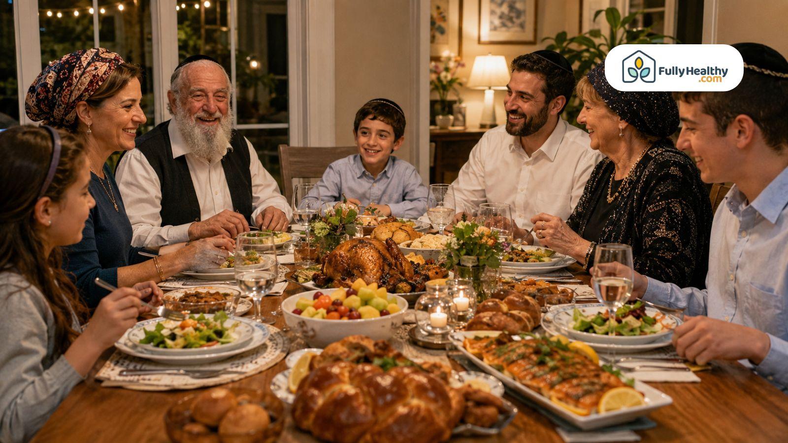 Family enjoying traditional kosher dinner together around beautifully prepared holiday dining table
