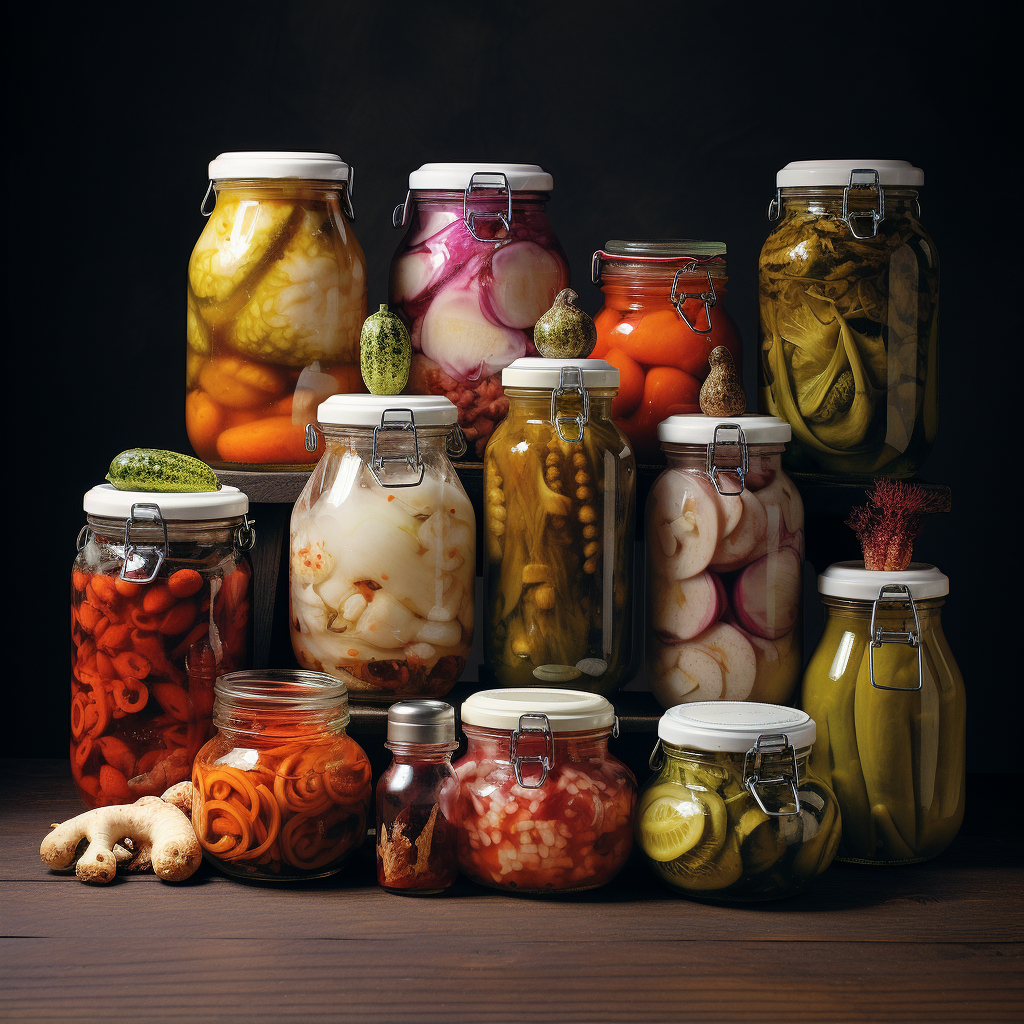 Bottles of various homemade fermented foods