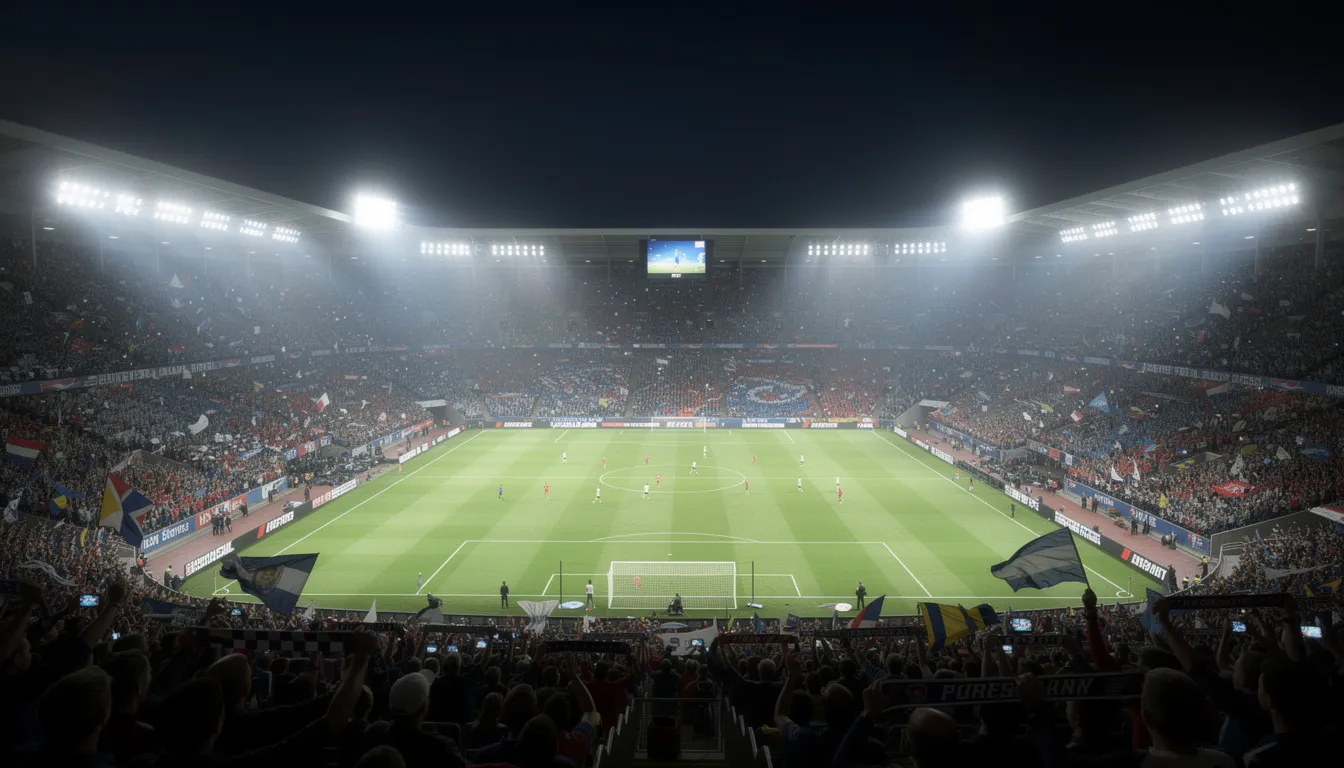 A vibrant football stadium is filled with enthusiastic fans under the bright floodlights during a night match, creating an electric atmosphere for sports betting enthusiasts. The illuminated field showcases the action, while the crowd's excitement reflects the thrill of online sports betting and the potential for competitive odds.