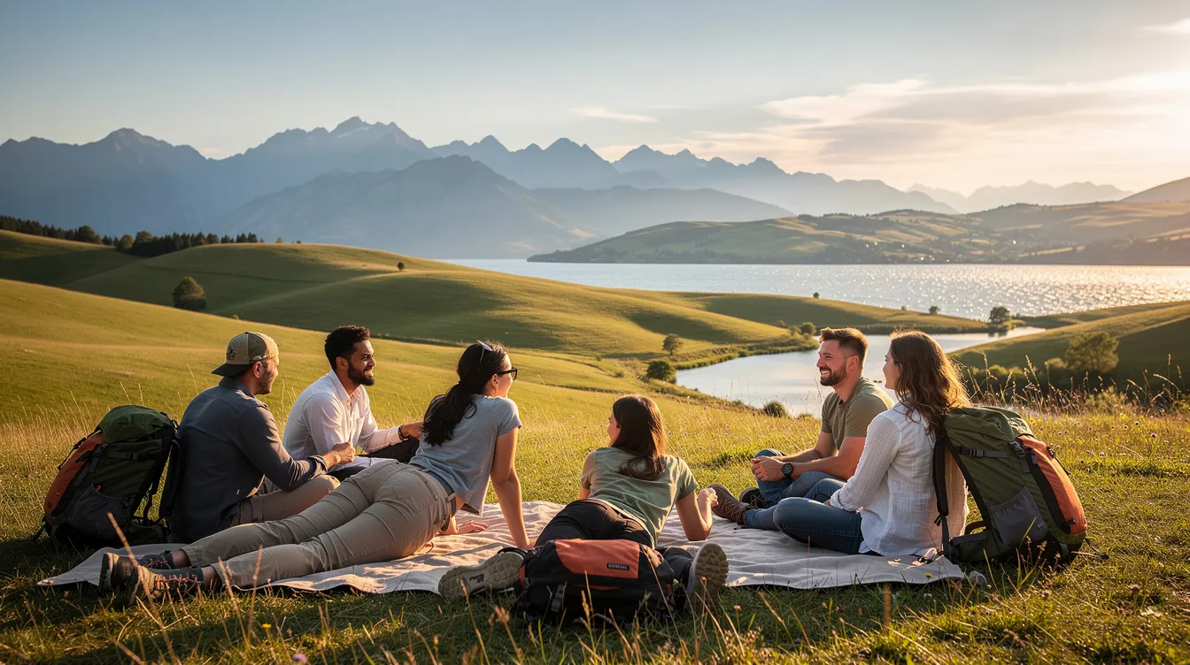 Een groep reizigers ontspant in een prachtig landschap, omringd door natuur zonder zichtbare tekst. De sfeer straalt welzijn en vrije tijd uit, terwijl de mensen genieten van hun recreatie in deze functionele bestemming.
