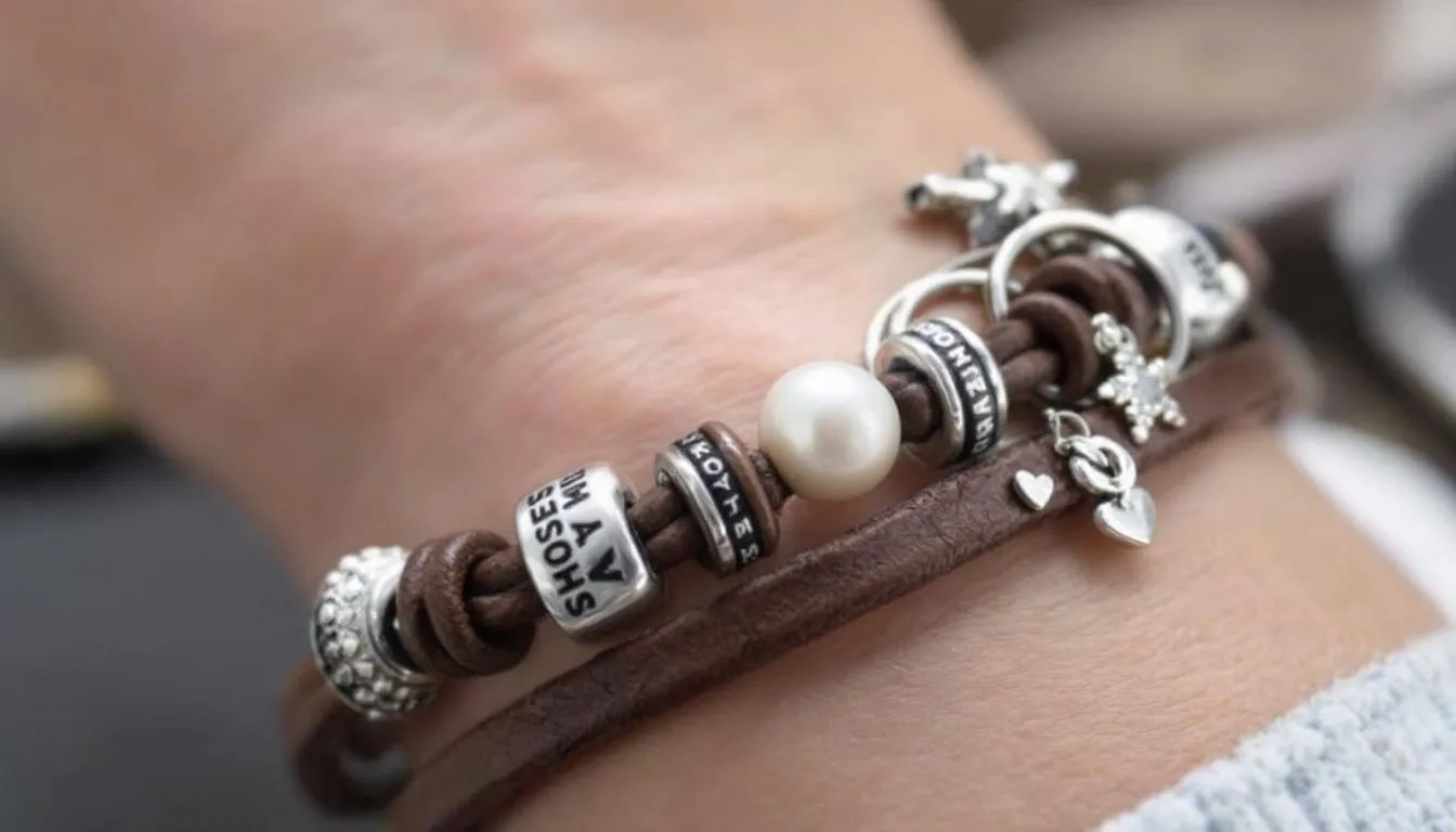 This image features a stylish women's leather bracelet adorned with personalized engraved beads and a variety of charms, including a lustrous pearl and small silver elements. The combination of textures and details adds a unique touch, making it a perfect accessory for any occasion.