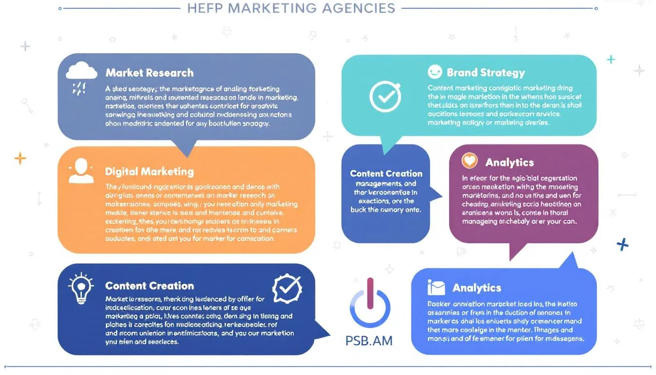The image illustrates various services offered by marketing agencies, showcasing a blend of creativity and data-driven strategies aimed at driving growth for ambitious brands. Key elements include digital marketing techniques like SEO, paid media, and content solutions, emphasizing the importance of measurable results and a competitive advantage in today's fast-moving market.