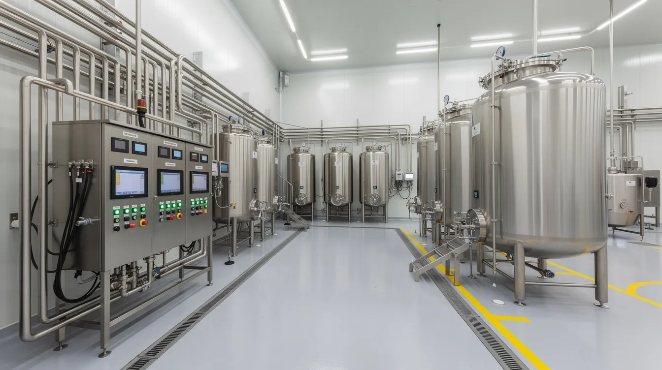 The image depicts a modern stainless steel dairy processing facility, featuring an array of pipes, tanks, and control panels within a clean factory hall. This advanced setup is essential for efficient milk processing and aligns with the industry's best practices for managing operating costs and ensuring high-quality dairy products.