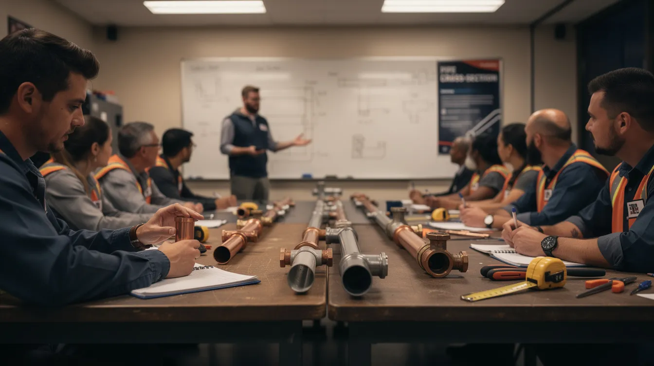 The image depicts a group of plumbing apprentices seated in an evening classroom, engaged in their apprenticeship program. On the tables, there are plumbing pipe cutaway models, which are used for on-the-job training to help them understand plumbing systems and installation techniques essential for their future careers in the plumbing industry.