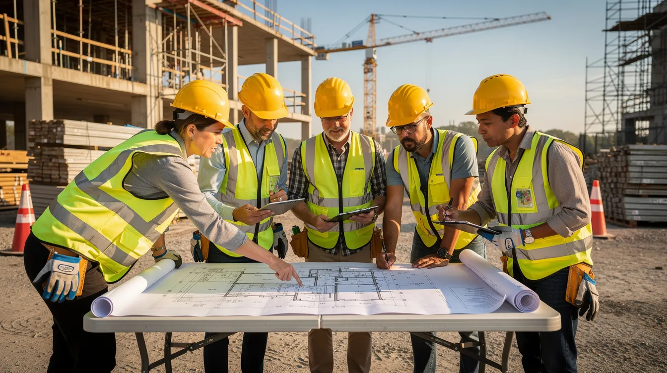 A construction team, consisting of construction professionals wearing hard hats and high-visibility vests, is gathered around a table outdoors, reviewing project plans for a large-scale construction project. This collaborative effort highlights the importance of joint ventures in the construction industry, where multiple contractors combine resources to manage complex projects effectively.