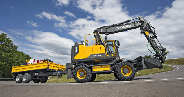 wheeled excavators boom suspension system on road with excellent visibility of machines