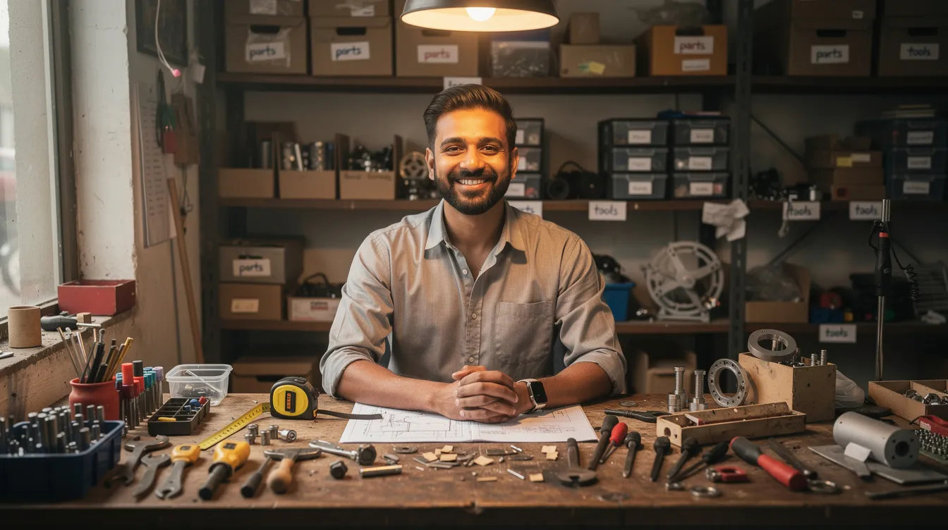 52cabac8 e18f 4a5e 9f25 a9788c567f4c The image shows a relieved Indian entrepreneur working at a small workshop bench surrounded by various tools and materials, symbolizing the success and growth enabled by mudra loans. This scene reflects the entrepreneurial spirit supported by financial institutions under the Pradhan Mantri Mudra Yojana, aimed at fostering micro enterprises in India.