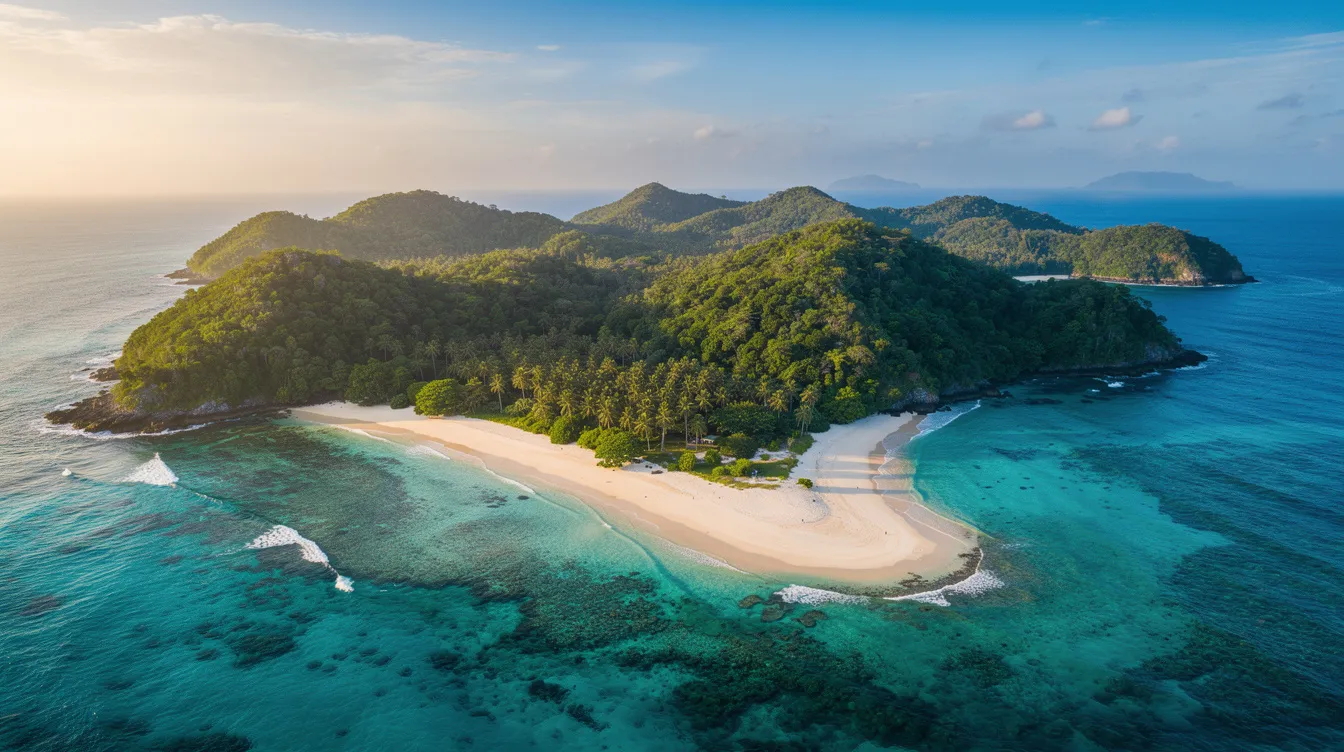 An aerial view of a stunning tropical island showcases the vibrant turquoise waters surrounding the white sand beaches and dense green jungle hills of Koh Phangan. This picturesque scene captures the essence of a tropical paradise, ideal for visitors seeking beautiful beaches and natural attractions.