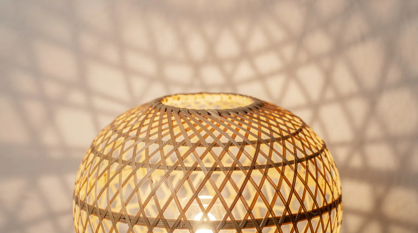 En närbild av en sfärisk boll taklampa i flätad bambu, som avger varmvitt ljus. Ljuset skapar vackra skuggmönster på en ljus vägg, vilket ger en mysig atmosfär.