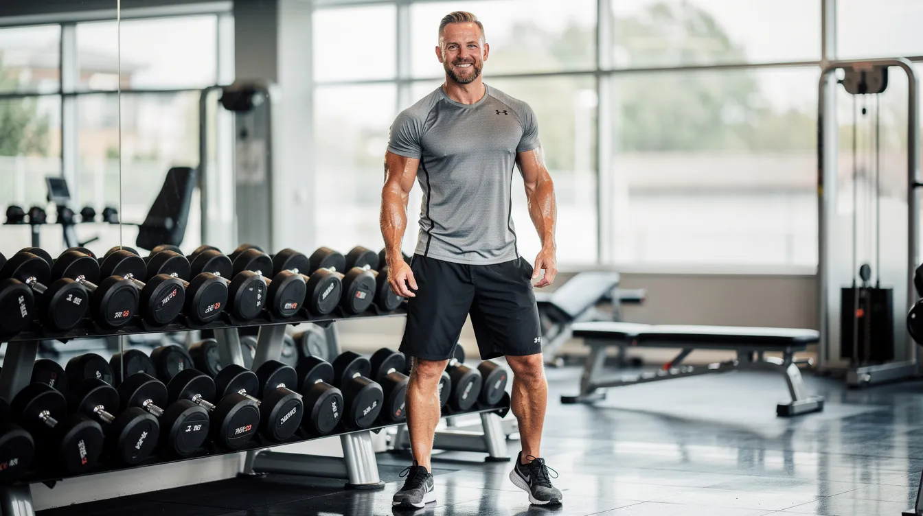 The image features a confident man in his late 30s standing near a dumbbell rack in a gym, exuding energy and fitness. His fit physique suggests a commitment to muscle growth and a healthy lifestyle, potentially enhanced by natural testosterone boosters and proper nutrition.