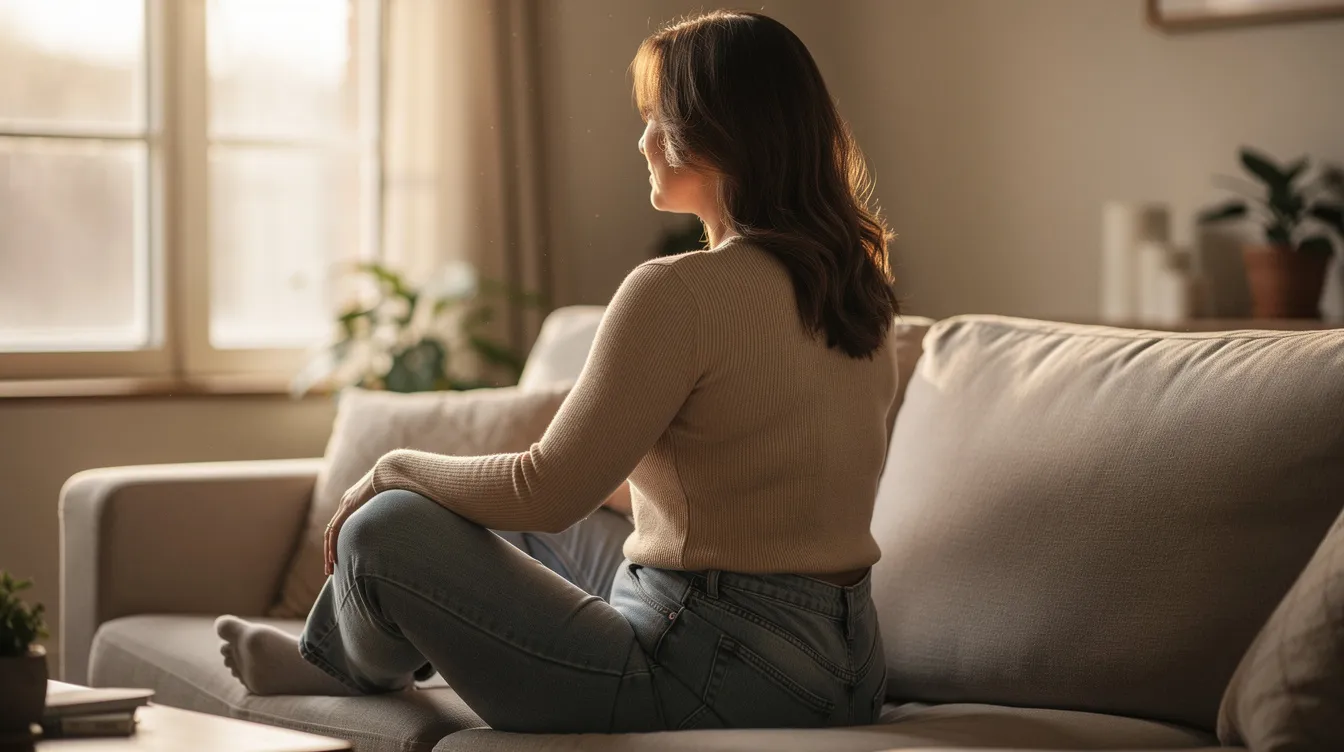 The image depicts a woman in a relaxed setting, viewed from behind at a slight angle, showcasing her natural curves in fitted clothing. The soft natural lighting highlights her figure, suggesting a sense of confidence and comfort, which aligns with the benefits of procedures like the Sculptra butt lift that stimulate the body's natural collagen production for enhanced shape and texture.