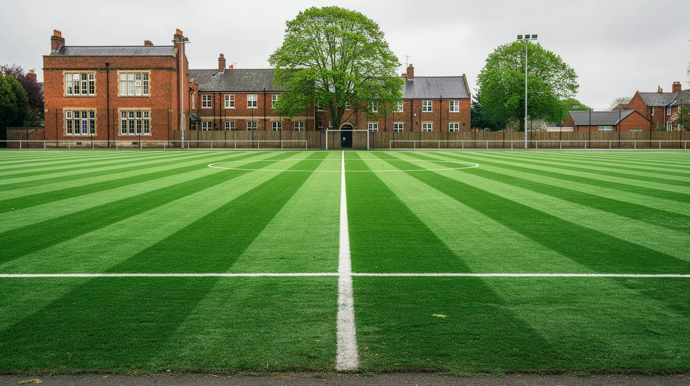 The image depicts a perfectly maintained school pitch in the UK, featuring lush green stripes that showcase the results of effective lawn care. This vibrant and healthy lawn is a testament to the expertise of Aitchisons Landscapes, ensuring a greener and thicker lawn year-round for the enjoyment of students and the community.