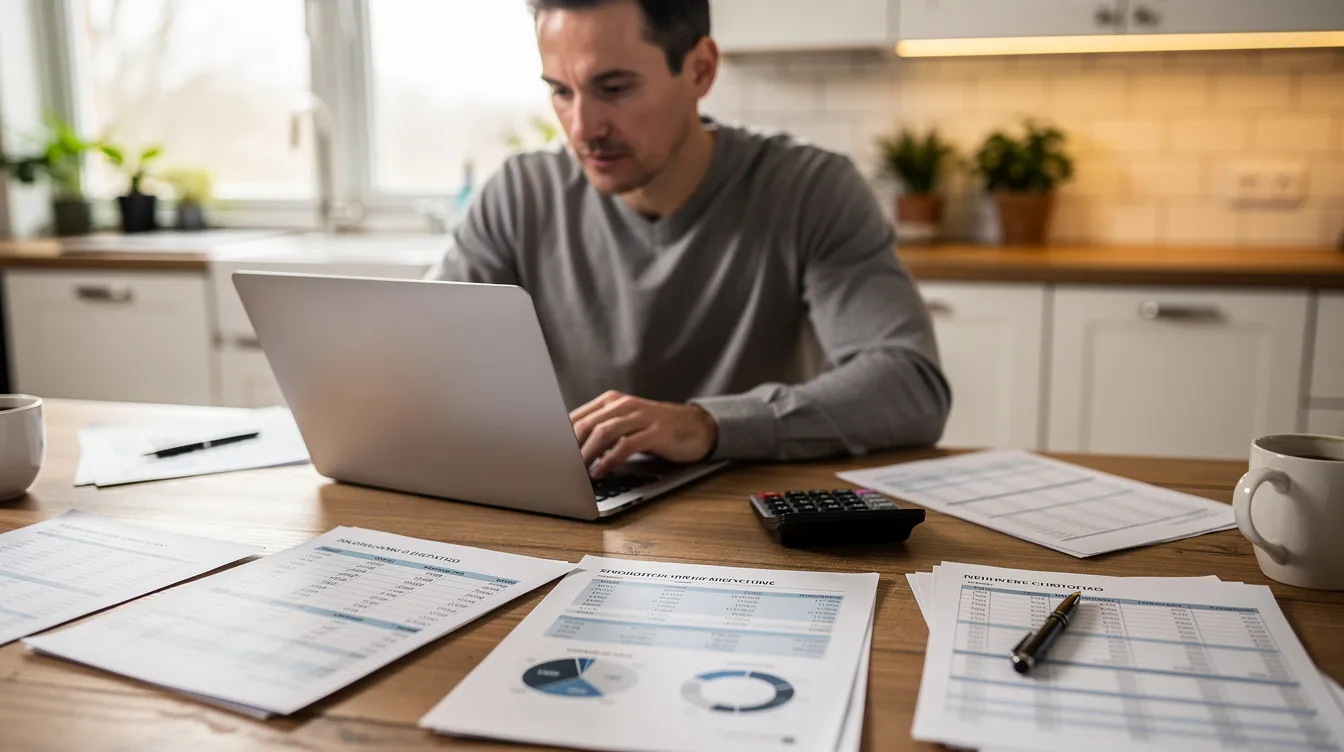 The image shows a person sitting at a kitchen table, focused on their laptop while surrounded by financial documents, likely related to bridge loans or real estate transactions. Nearby, papers may include details about down payments, interest rates, and repayment terms, suggesting they are working on personal finance matters related to home purchases or financing options.
