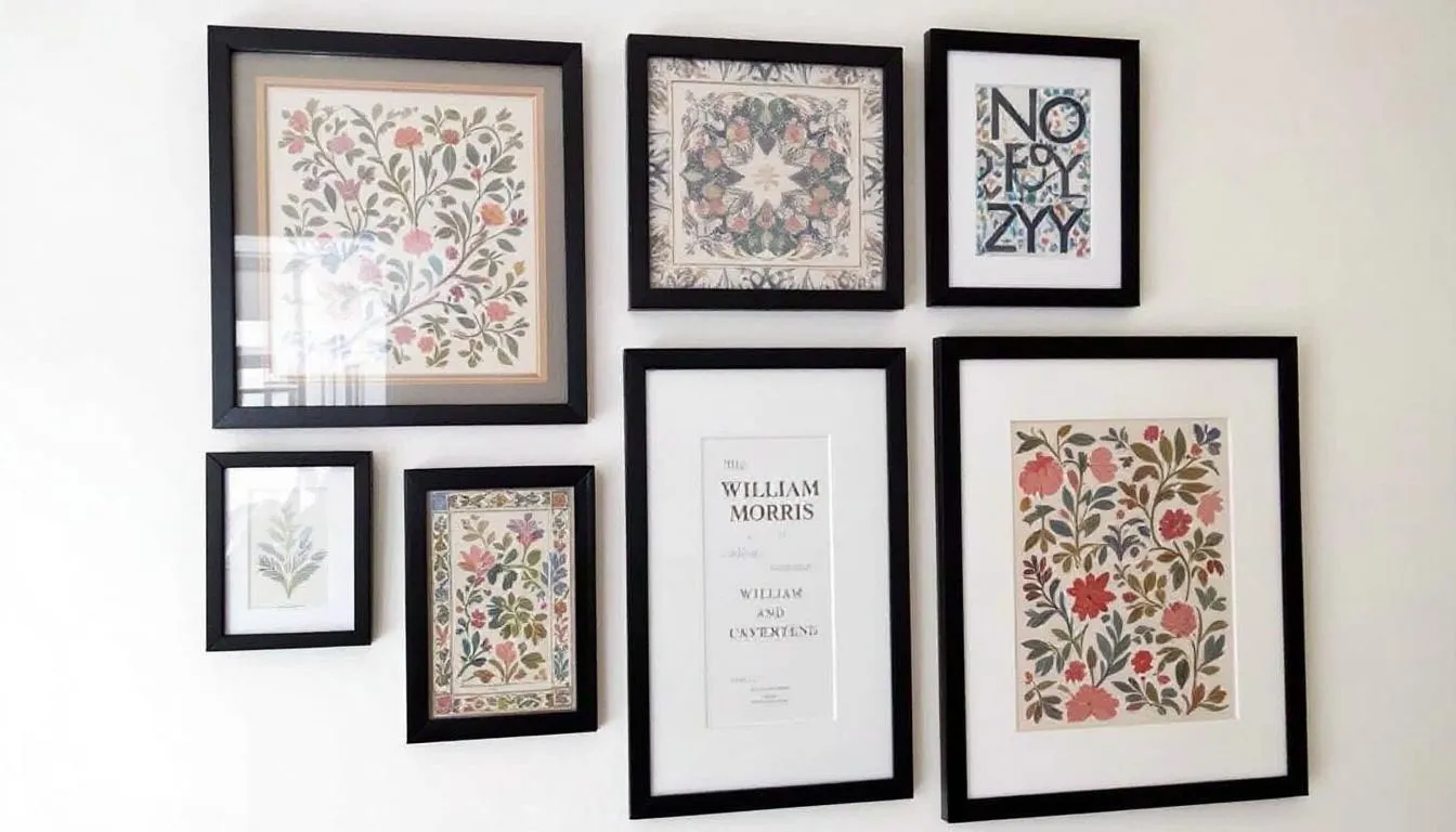 A gallery wall arrangement showcases a variety of William Morris prints in different sizes, creating a cohesive display that highlights the iconic designs of the British textile designer. The collection reflects the beauty of the arts and crafts movement, enhancing the room with its intricate patterns and rich colors.