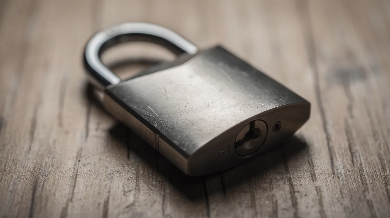 Eine Nahaufnahme eines metallenen Vorhängeschlosses liegt auf einer Holzoberfläche und symbolisiert Sicherheit. Das Schloss steht für den Schutz von Konten und Informationen, ähnlich dem Login-Prozess auf Plattformen wie eBay Kleinanzeigen.
