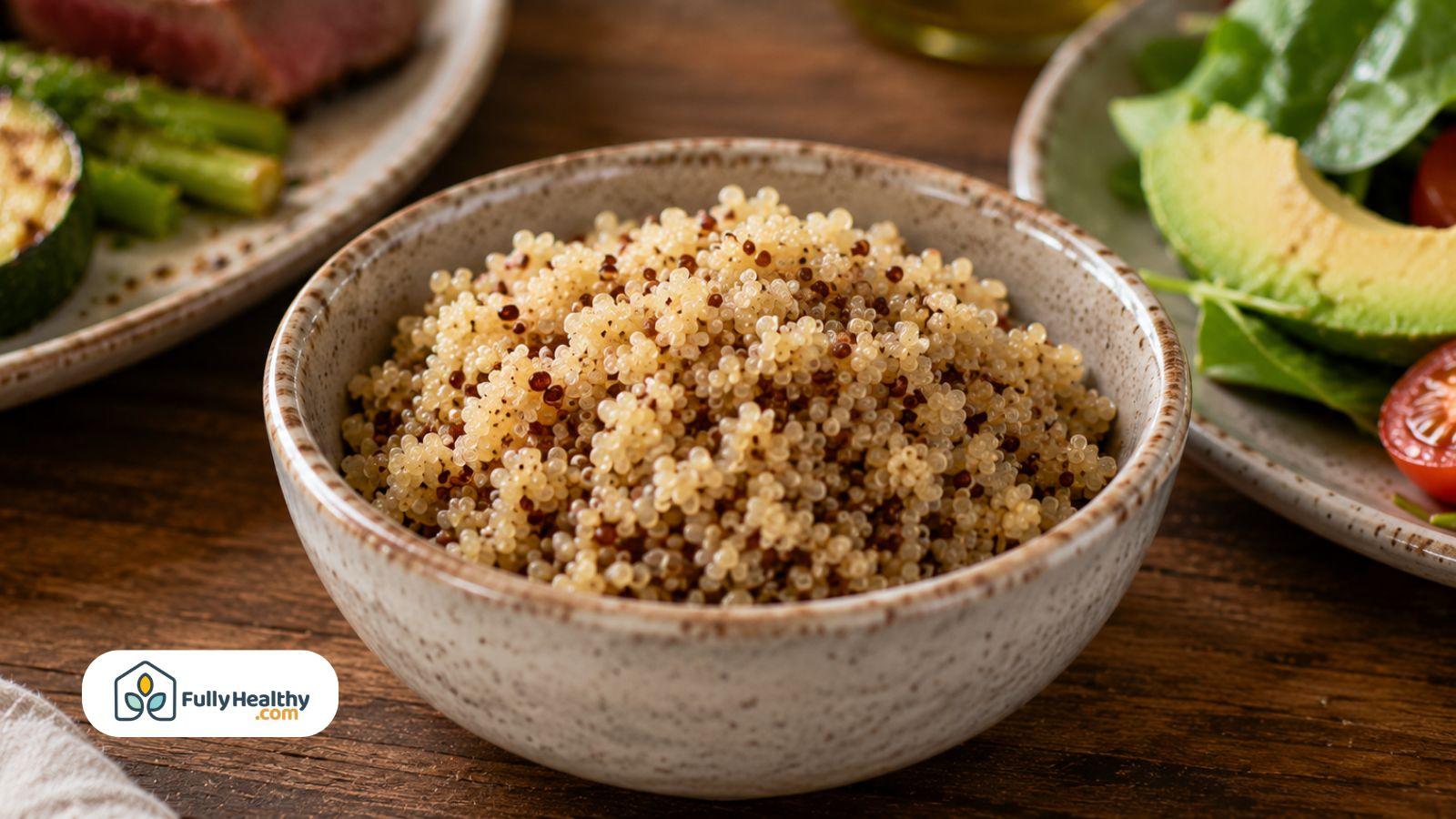 Bowl of freshly cooked quinoa served as a healthy whole grain side dish.