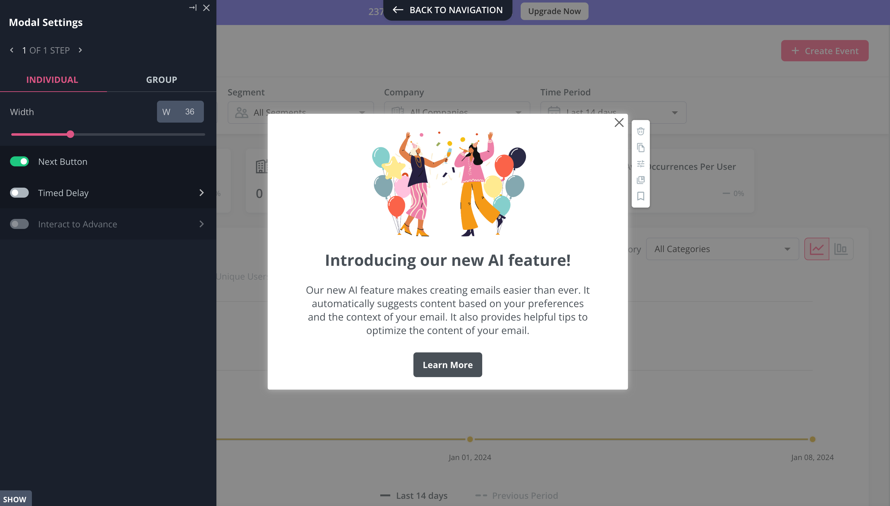 Feature announcement modal created in Userpilot