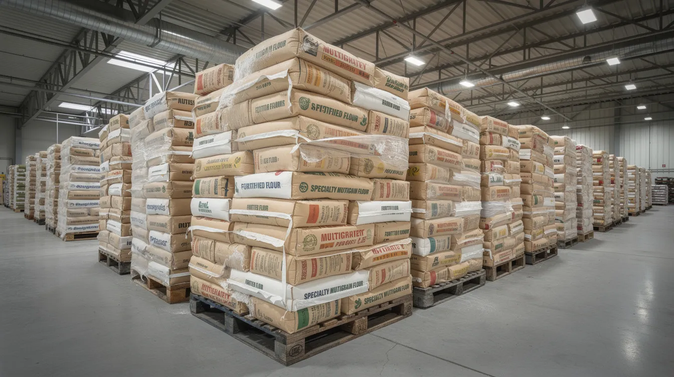 The image shows stacked bags of specialty multigrain and fortified flour in an industrial warehouse, highlighting a well-organized storage area essential for a flour mill business. This setup reflects the operational aspects of a mini flour mill project, where raw materials are prepared for production.