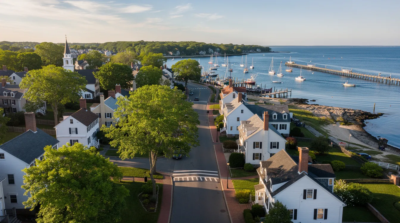 An aerial view captures a charming New England coastal town, showcasing colonial homes with tree-lined streets and a picturesque harbor in the background. This scenic landscape reflects the essence of Connecticut real estate, highlighting the property values and market appeal in Fairfield County.