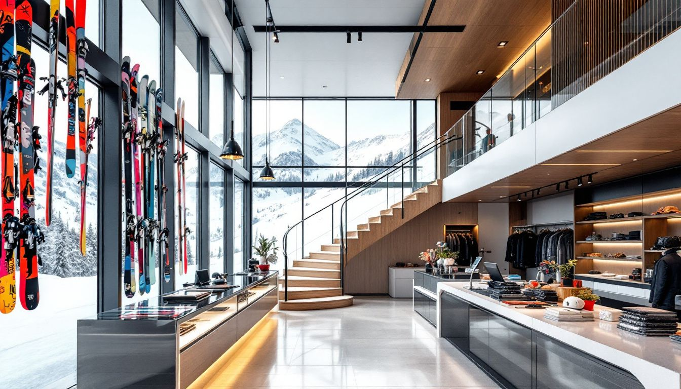 Interior of a ski rental shop in Pas de la Casa with various ski equipment available.