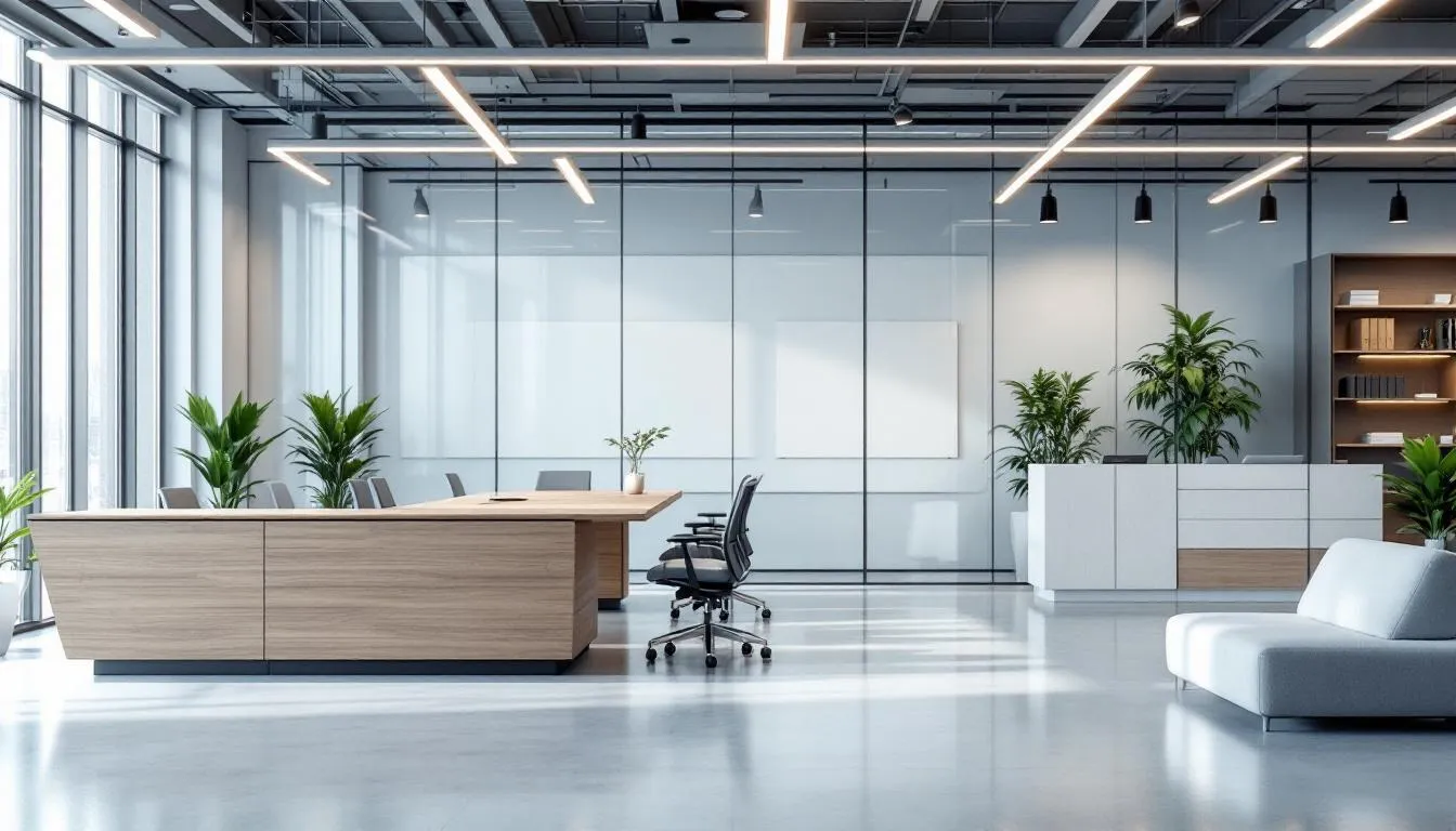 The image depicts a professional building management office featuring modern furniture, located in a luxurious high rise in downtown Fort Myers. The office showcases a neutral interior design with sleek lines, offering a professional yet inviting atmosphere for managing properties in the prestigious High Point Place overlooking the Caloosahatchee River.