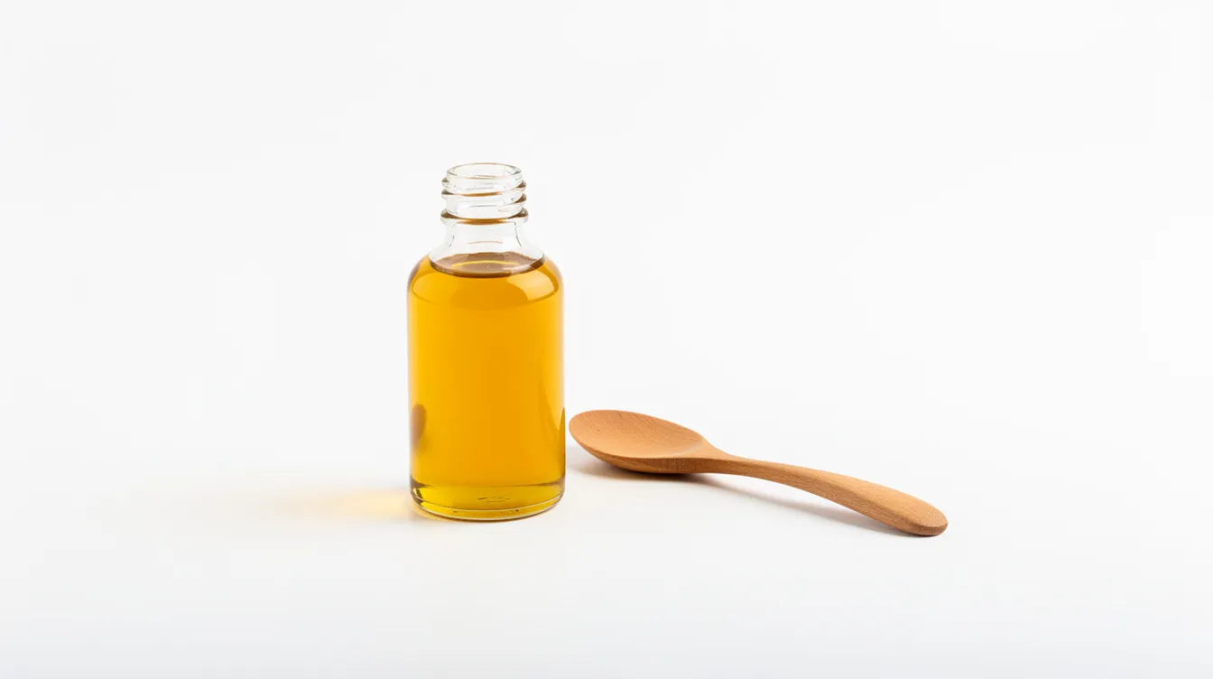 A small glass bottle filled with golden castor oil sits next to a wooden spoon on a clean white surface, highlighting the oil's nourishing properties often used in oil pulling for oral health and wellness. The image suggests the benefits of this ancient Ayurvedic technique for maintaining oral hygiene and overall health.