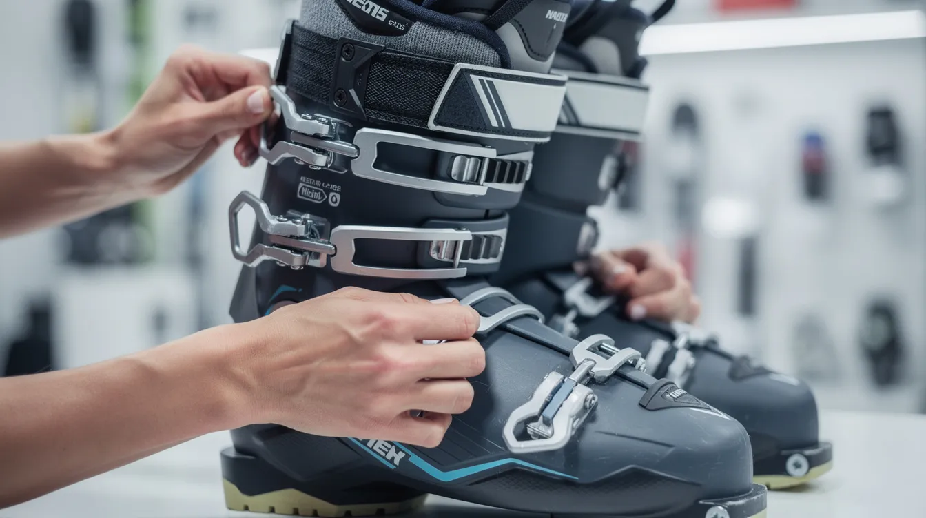 Das Bild zeigt eine Nahaufnahme von Skischuhen, die gerade an den Füßen einer Person befestigt werden. Diese Szene ist typisch für Skianfänger, die sich auf das Skifahren lernen und ihre ersten Schritte in der winterlichen Bergwelt vorbereiten.