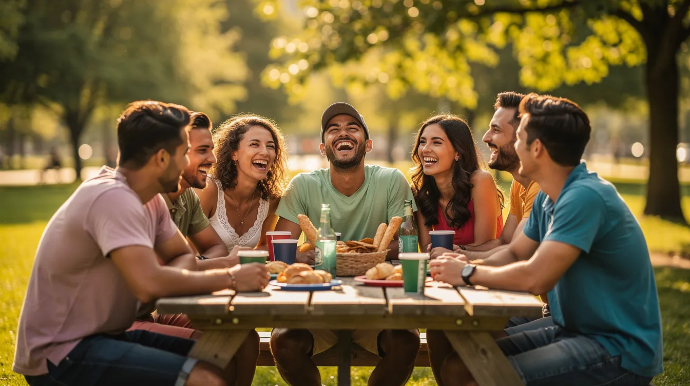 A group of diverse young people is joyfully laughing together at an outdoor picnic table in a park, sharing a moment of friendship and fun. This scene captures the essence of new adventures and the excitement of making new friends while living abroad.