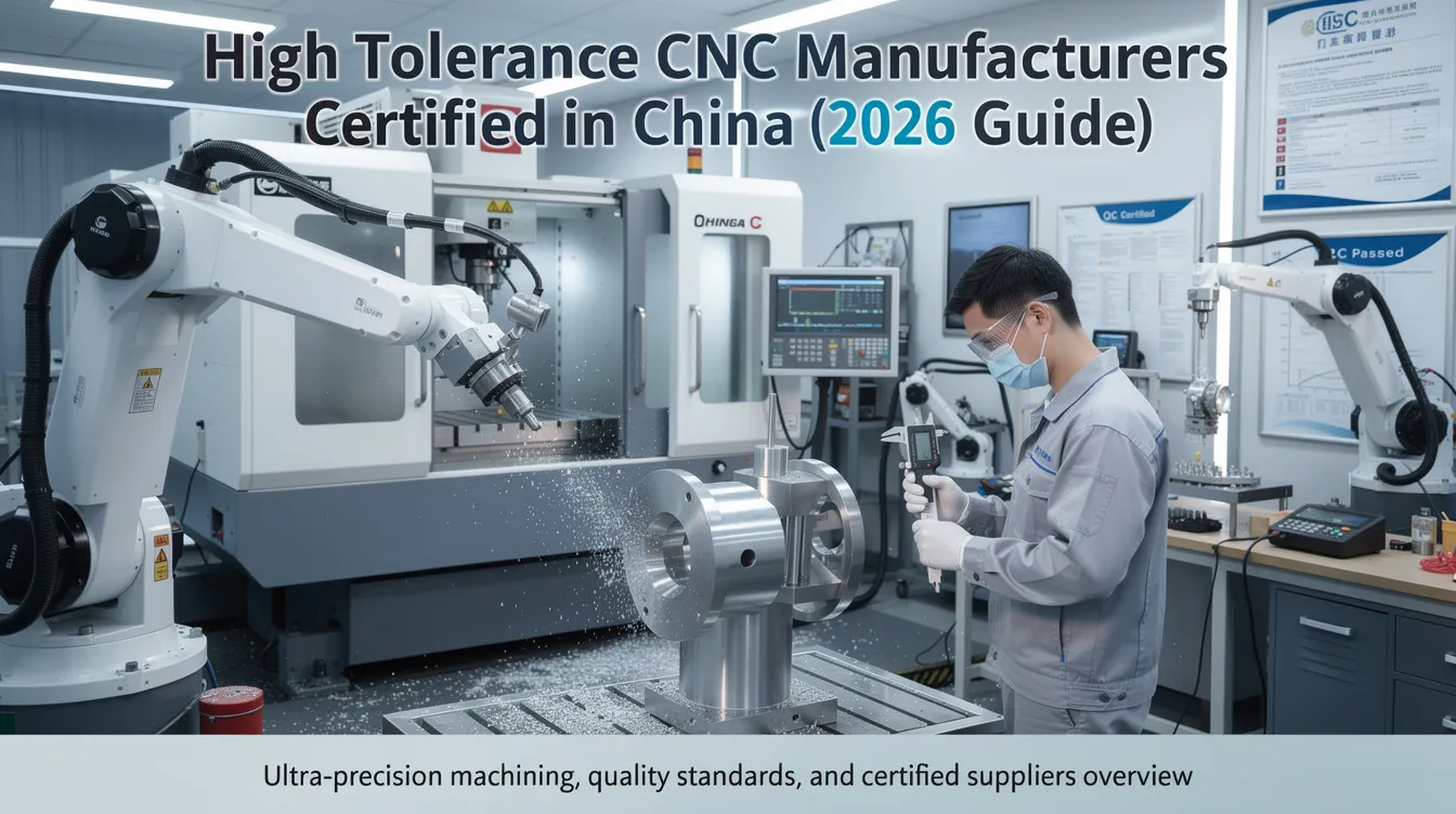 The image depicts a comprehensive guide for high tolerance CNC manufacturers certified in China, showcasing advanced CNC machines and precision machining processes. It highlights various CNC machining services, including custom CNC machining and rapid prototyping, emphasizing the capabilities of top CNC machining companies in producing high precision parts for industries like aerospace and medical devices.