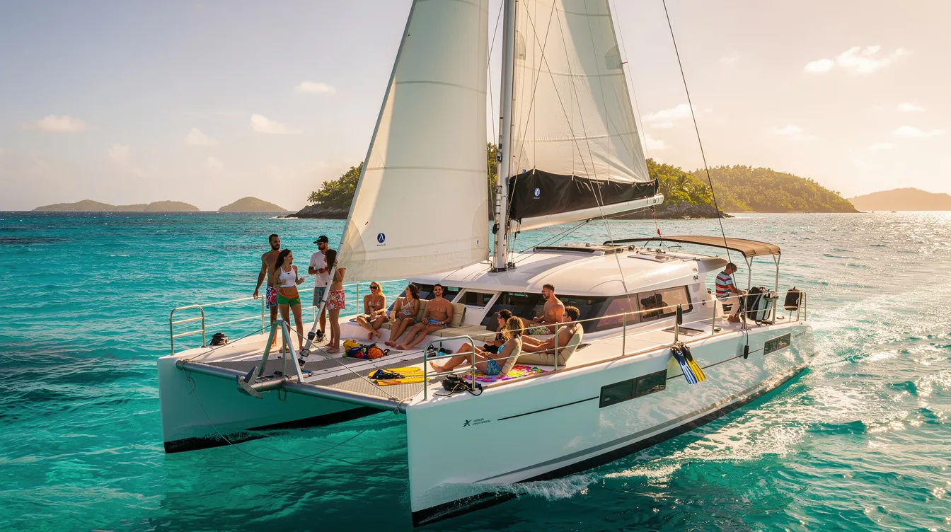 Um catamarã navega por águas cristalinas de um azul turquesa no Caribe, com passageiros desfrutando da experiência a bordo. Ao fundo, a paisagem tropical e as praias de areia branca criam um cenário paradisíaco, ideal para férias em destinos como Curaçao.