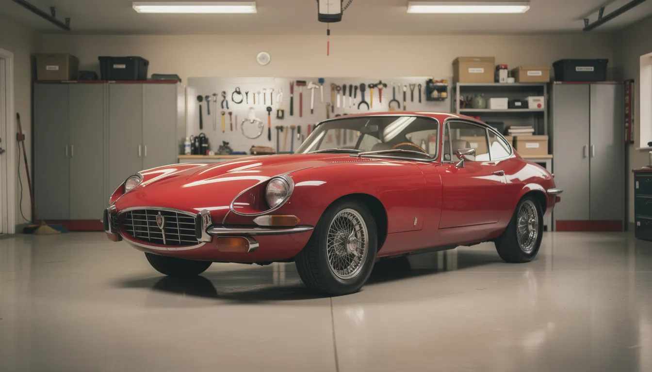 Ein roter klassischer Sportwagen aus den 1960er Jahren steht in einer sauberen Garage, umgeben von Werkzeugen und Fahrzeugzubehör. Der Oldtimer strahlt Eleganz und Nostalgie aus, während er auf seine nächste Begutachtung durch einen Kfz Sachverständigen in Düsseldorf wartet.