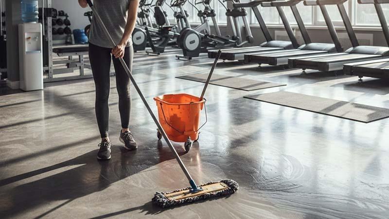 A woman cleaning the gym floor with a Velcro mop