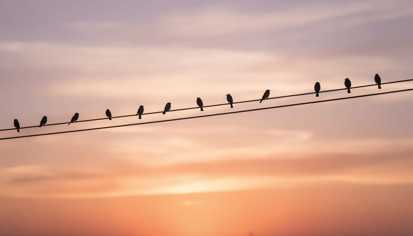Flera fåglar sitter på elektriska ledningar mot en solnedgångshimmel som är fylld med mjuka, varma färger. Denna scen skapar en lugn och harmonisk atmosfär, perfekt för att koppla av efter en dag av spelande på Thunderkick slots.