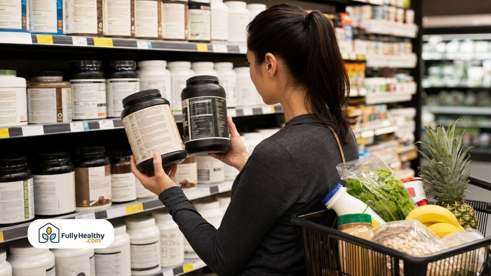Woman comparing whey protein labels in grocery store for gluten free options