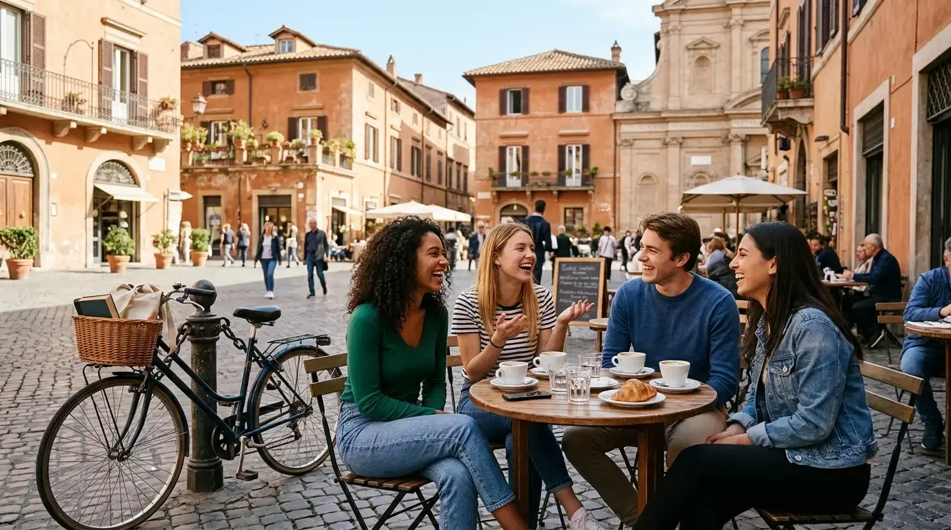 International students talking at a cafe table in an Italian piazza after checking their Universitaly status