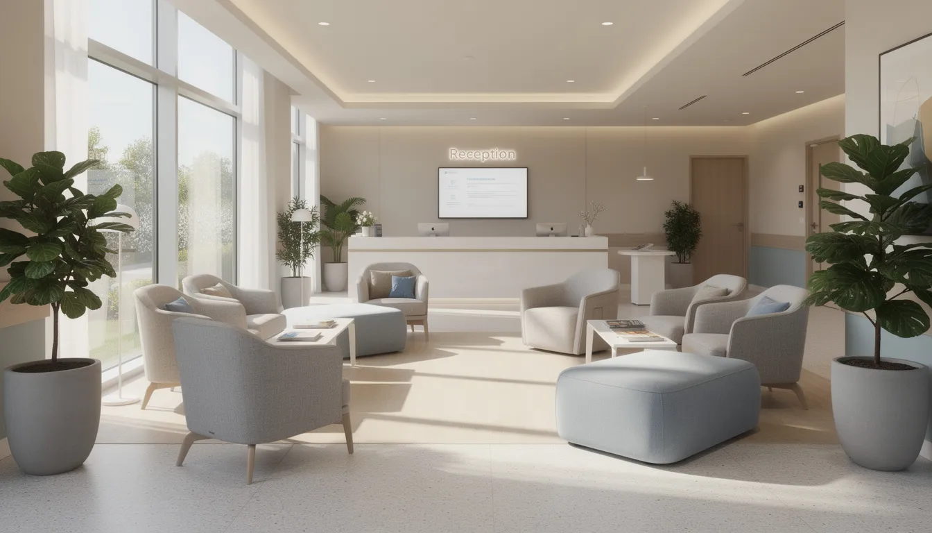 The image features a modern healthcare waiting room designed for comfort, showcasing heavy-duty chairs with antimicrobial vinyl upholstery, ample natural lighting, and a spacious layout that accommodates a range of users. The seating options provide stability and support, ensuring a welcoming environment for guests.