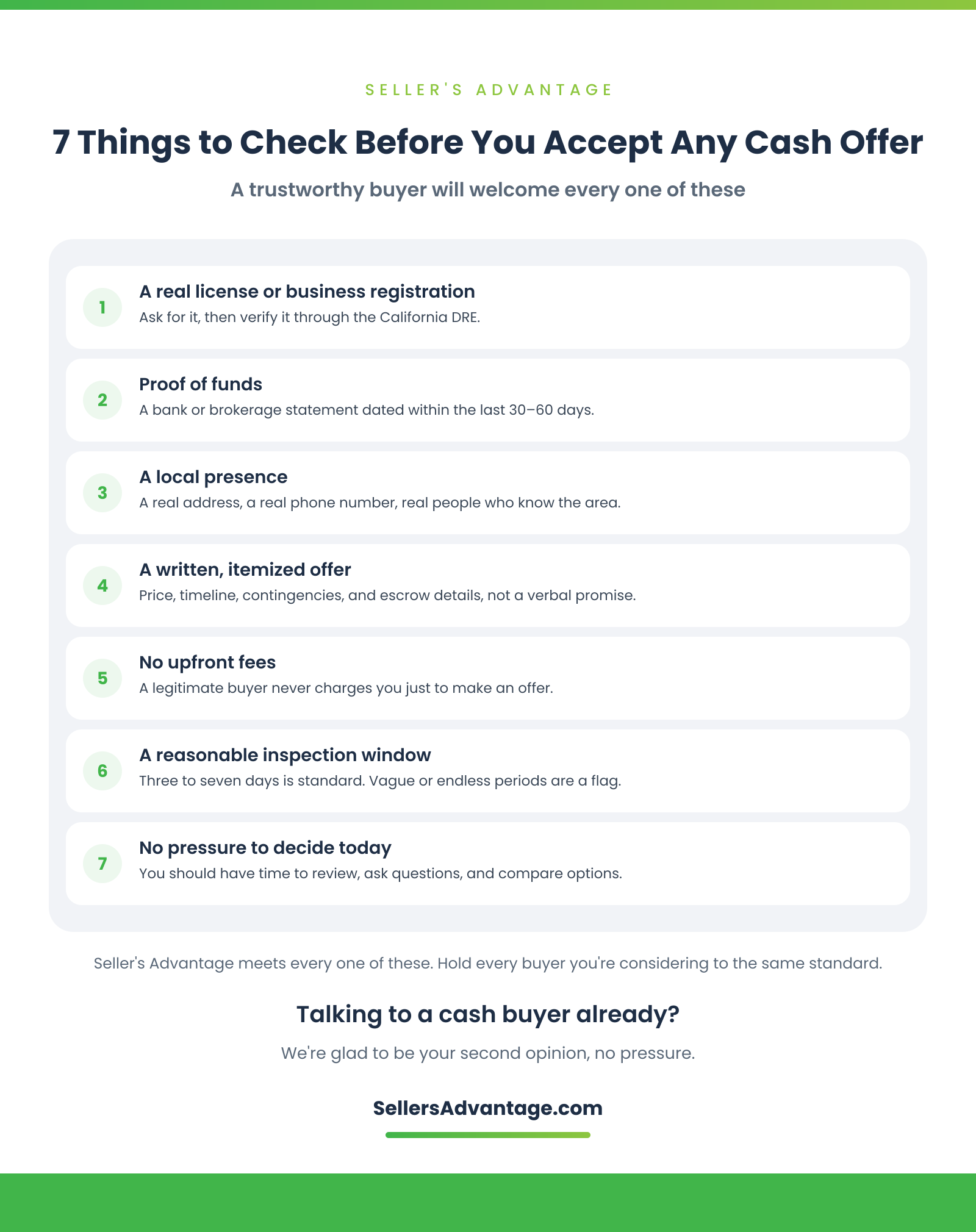 Infografía con una lista de verificación de 7 cosas que debe comprobar antes de aceptar una oferta en efectivo por su vivienda: una licencia real, comprobante de fondos, presencia local, una oferta detallada por escrito, sin comisiones iniciales, un plazo de inspección razonable y sin presión para decidir de inmediato.